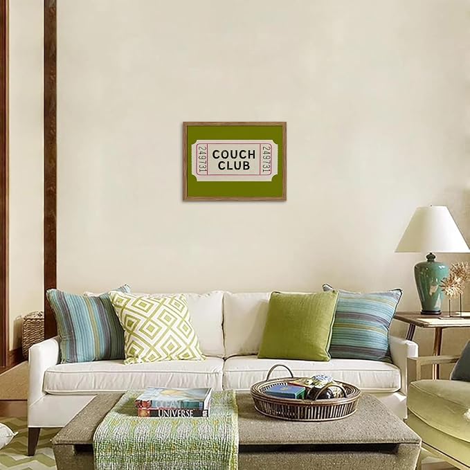 Vintage Framed Wall Art, Couch Club Ticket Canvas Wall Decor Painting, Retro Green Minimalist Quote Poster Print Picture for Living Room Bathroom Home Decor 12x16 Inch