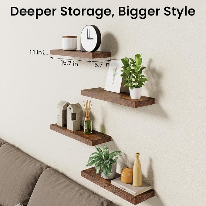BAYKA Rustic Brown Floating Shelves 15.7in, Set of 4, Wall Mount Wood Shelf | Easy Install, 22lbs Max Load, Hidden Bracket, Hanging Shelf for Books Storage/Room Decor, Multi-Wall Compatible