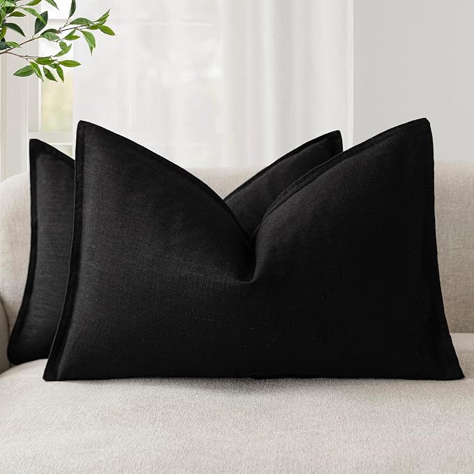 Foindtower Pack of 2, Decorative Linen Solid Throw Pillow Covers Soft Accent Lumbar Cushion Case Boho Farmhouse Pillowcase for Chair Couch Sofa Bedroom Living Room Home Decor 12 x 20 Inch Black