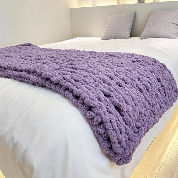 Soft Chunky Knit Throw Blanket for Couch, Cozy Warm Knitted Blankets | Hand Knit with Jumbo Chenille, Lightweight Warm Fluffy Decor for Women, Mom, Her & Girls, Sofa, Chair, Bed, 48"×71" (Purple)