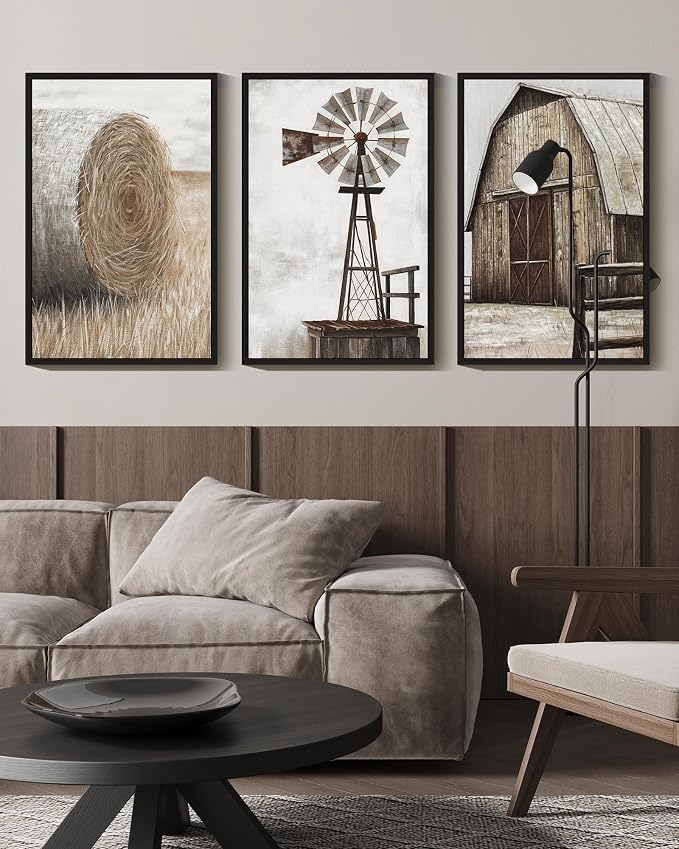 Drsoum Farmhouse Wall Art Vintage Rustic Windmill Barn Cornfield Pictures Framed Painting Landscape Countryside Rural Canvas Artwork Home Decor Ready to Hang 16x24in - Black Framed