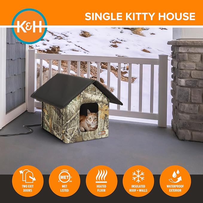 K&H Heated Cat House, Outdoor Kitty Shelter, Safety Listed, 20W, Camo | Heated Cat House for Outside, Weatherproof Shelter for Ferals, Insulated with Smart Thermostat, 2 Doors, Waterproof Bed