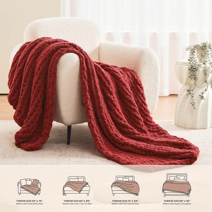 L'AGRATY Chunky Knit Throw Blanket for Couch, 60 x 80 Inches, Maroon Red | Handmade Chenille Crochet Blanket for Sofa Bed, Thick Cable Knitted Blankets for Room Home Decor, Birthday Gift for Women Mom
