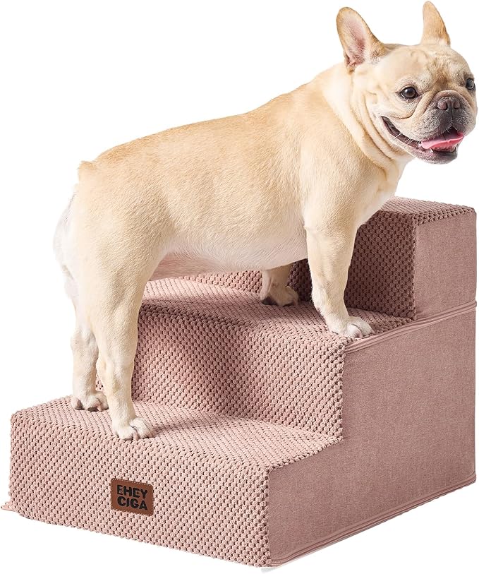 EHEYCIGA Dog Stairs for Small Dogs 13.5" H, 3-Step Extra Wide Dog Steps for Couch Sofa and Chair, Pet Steps for Medium Cats, Non-Slip Balanced Pet Ramp Indoor, Pink