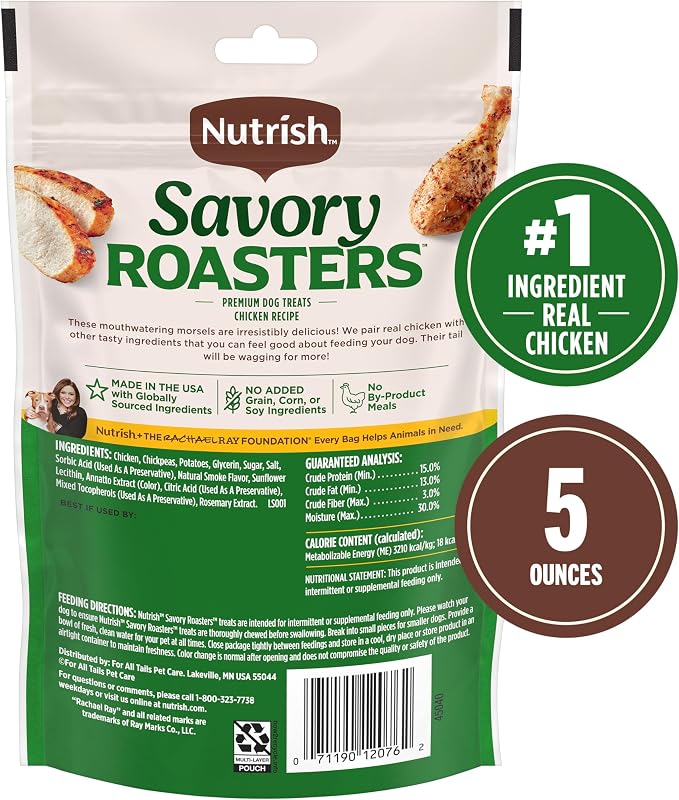 Nutrish Savory Roasters Dog Treats with Chicken, 5 oz. Pouch (Rachael Ray) | Pack of 5, Grain Free Recipe with No Added Corn or Soy Ingredients, Veterinarian Reviewed Formula, Resealable Bag