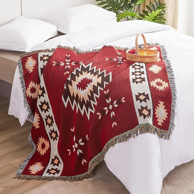 Native American Blanket Boho Throw Blanket for Sofa and Bed, Mexican Decorative Farmhouse Blanket, Southwest Decor Woven Blankets, Aztec Throw Blankets Bohemian with Tassel(Wine,50×60 inch)