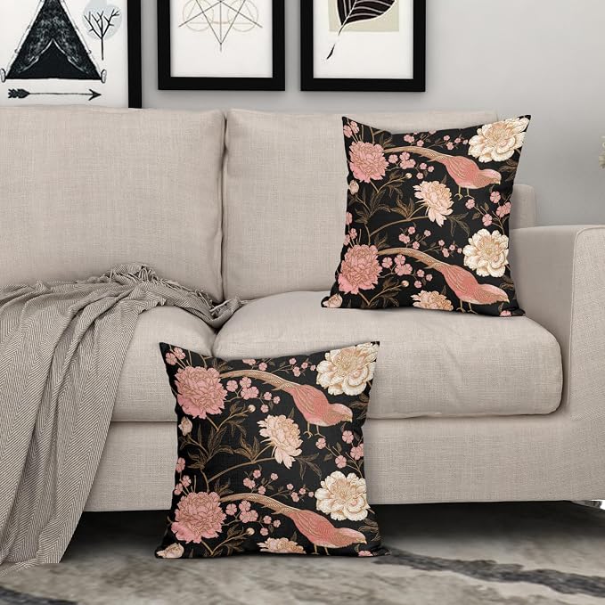 Flowers Birds Leaf Pillow Covers 20X20 Inch Set of 2 Pink White Roses Floral Decorative Pillow Cases Art Retro Black Gold Cotton Linen Cushion Case Vintage Home Decor For Sofa Couch Porch Outdoor