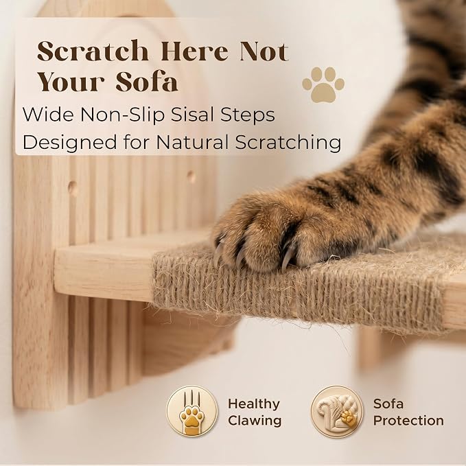 Wall Mounted Cat Hammock Bed with Steps - Wooden Wall Shelf for Cats - Paintable Natural Rubberwood - The Perfect Perch for Cats & Kittens