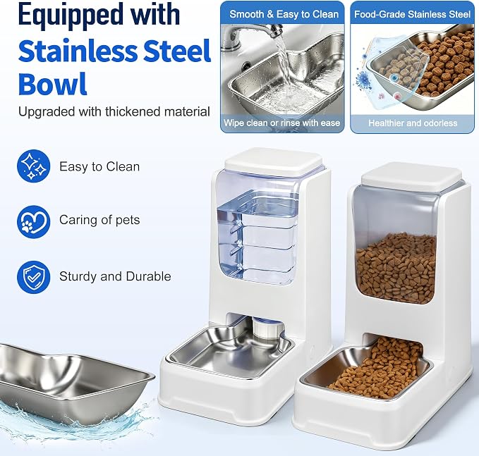 Automatic Cat Dog Feeder and Water Dispenser Set with Stainless Steel Bowl | Automatic Cat Feeder and Water Dispenser Set with Dog Stainless Steel Feed Bowl Pet Gravity Self Feeding and Waterer *2