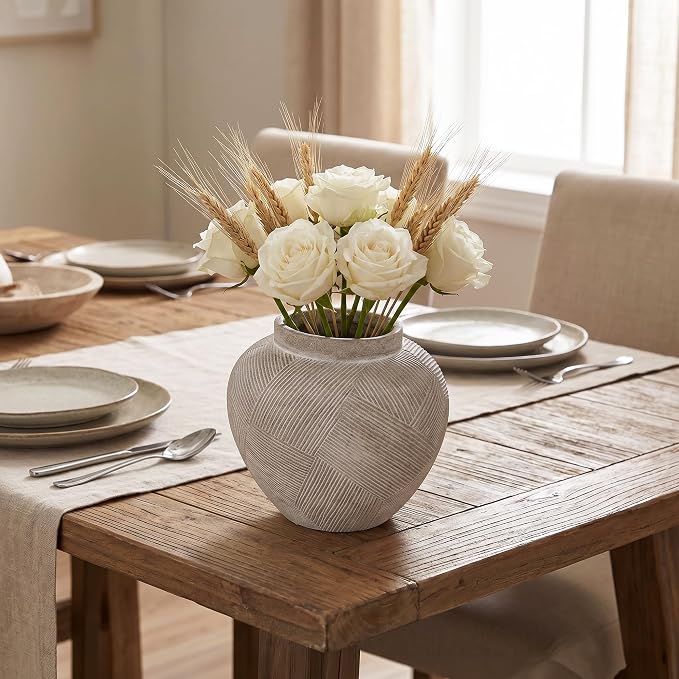 DREAMLOOM 7.7 Inch Flat Ceramic Flower Vase, Cream Grey | Textured, Farmhouse Vintage, Pottery Terracotta, Home Decor, Living Room Dining Table Wedding Centerpieces