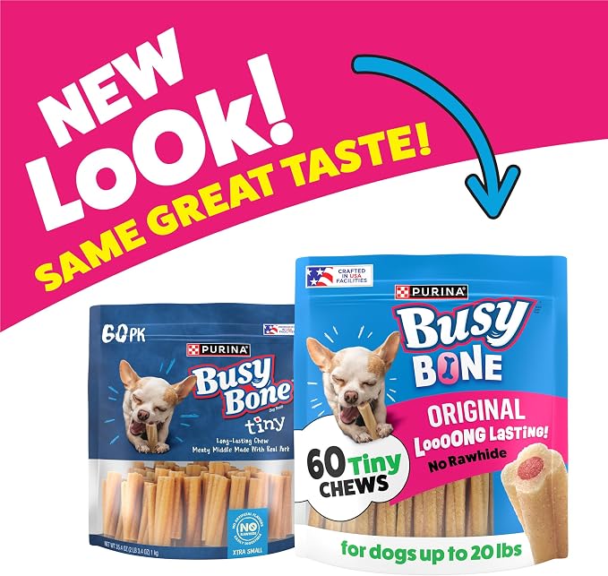 Purina Busy Bone Tiny Toy Breed Dog Chew Treats, Original, 60 ct Pouch | Rawhide free chew with a real meat center for small dogs up to 20 lbs, long lasting chew that helps clean teeth
