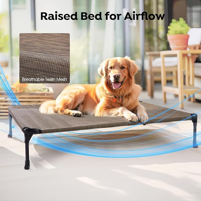 Veehoo Outdoor Elevated Dog Bed with Waterproof Bolster Cushion, Cooling | Raised Dog Bed with Removable & Washable Mat Topper, Breathable Mesh, Dog Couch Cot for Indoor Outdoor, 42", Large, Brown