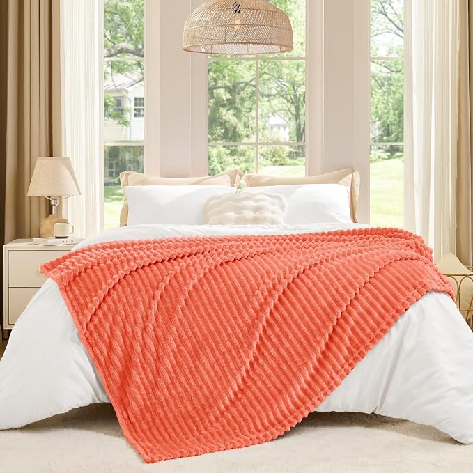 BEDELITE 3D Ribbed Coral Red Fleece Throw Blanket for Couch, 50x60 Inch | Soft Warm Decorative Fluffy Blanket, Cozy Plush Lightweight Fuzzy Throw Blanket for Bed Sofa Home Room Decor, Gift for Women
