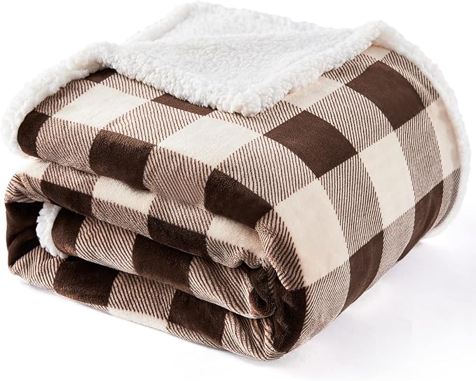 Sherpa Buffalo Plaid Christmas Twin Blanket 60" X 70", Fuzzy Fluffy Soft Cozy Throw Blanket, Fleece Flannel Plush Microfiber Blanket for Couch Bed Sofa(Brown)