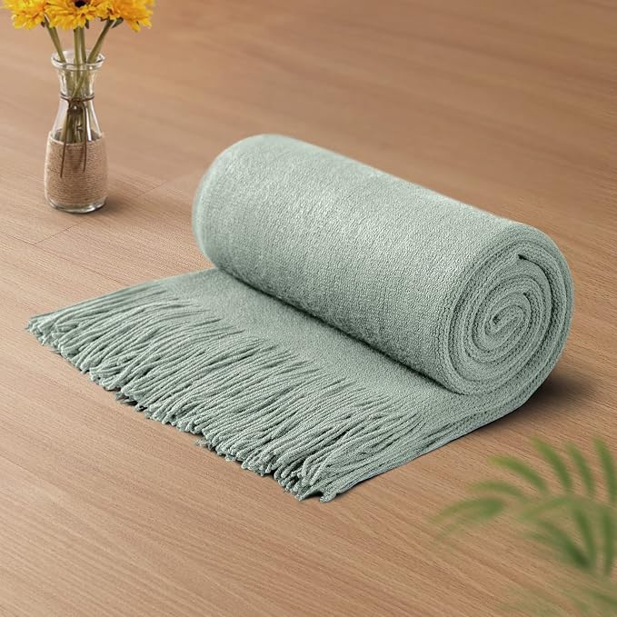 Vonty Sage Green Knitted Throw Blanket with Tassels Fringe, 50x60 Acrylic | Super Soft And Lightweight, Year-Round Cozy Warmth, Farmhouse Decorative Style, Machine Washable, for Couch, Sofa or Bed