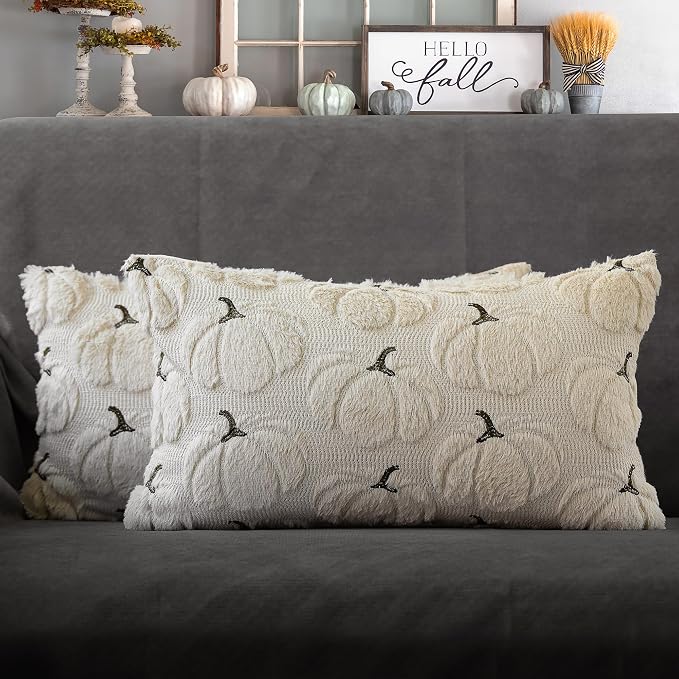 Fall Pumpkins Decorative Lumbar Pillow Covers 12x20 Set of 2, Beige Soft Plush Faux Fur Wool Farmhouse Throw Cushion Cases for Autumn Thanksgiving Holiday Home Decorations