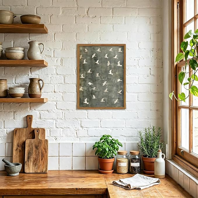 Framed Vintage Flying Bird Canvas Wall Art, Minimalist Abstract Flock of White Birds Pictures Wall Decor, Cottagecore Nature Wildlife Prints Paintings for Living Room Bedroom Home Office 16x24 inch