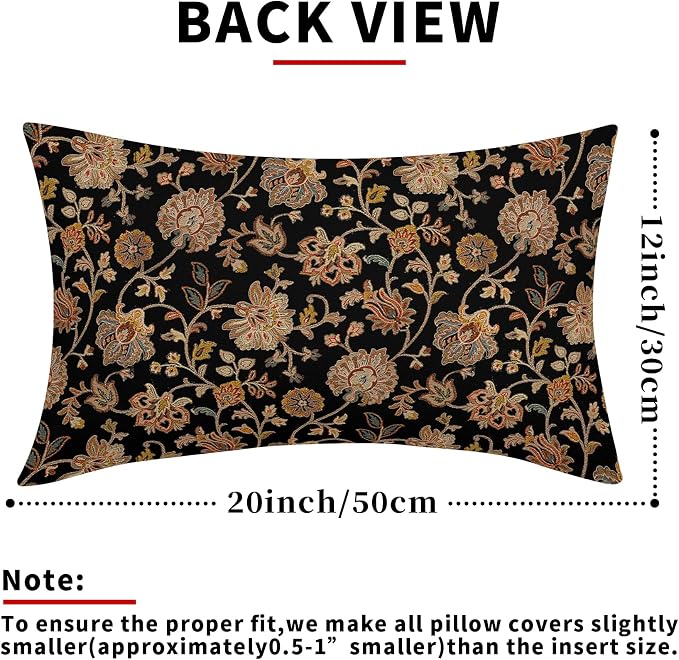 Black Brown Floral Lumbar Pillow Covers 12X20 Inch Set of 2 Vintage Boho Carpet Flowers Decorative Pillow Cases Leaves Plant Cotton Linen Cushion Case Farmhouse Home Decor For Sofa Couch Living Room