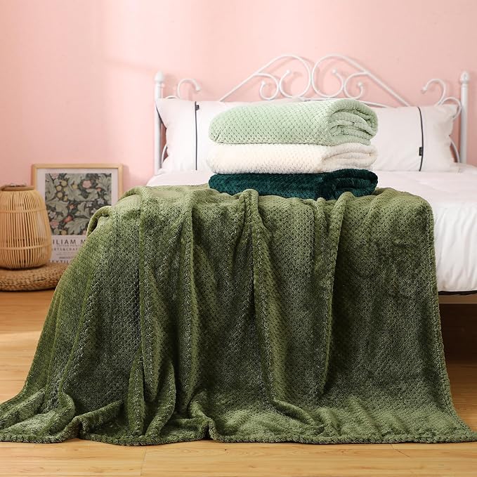 Newwiee 4 Pcs Fleece Throw Blanket, 3D Waffle Textured,Gradient Green | Soft Lightweight Set for Couch Bed Sofa, Warm Winter Throws, No Shedding Pilling, Flannel Waffle Texture, 50x60 Inch