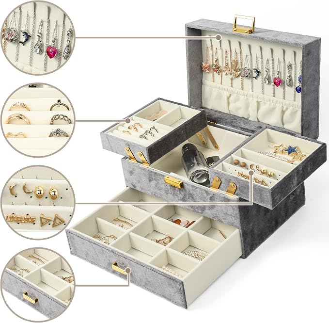 Jewelry Organizer Box, Large Velvet Jewelry Boxes for Women Girls, Space-Saving 3 Layers Jewelry Storage Case with Drawer, Movable Metal Stand, Modern, Gift Idea (Grey)