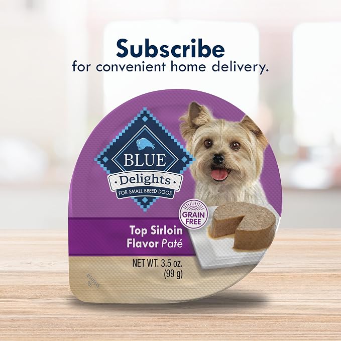 Blue Buffalo Delights Top Sirloin Small Breed Wet Dog Food, 3.5 oz, 12 ct | Adult Formula, Grain-Free, Pate Style, Real Beef First, in Savory Juice, No Corn, Wheat, or Soy