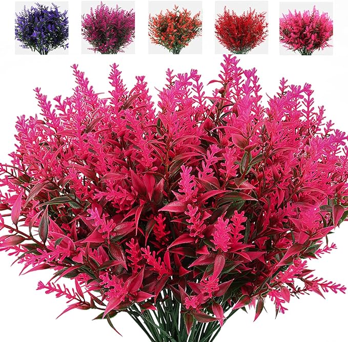 RECUTMS Artificial Plants Outdoor,8 Pcs Faux Flowers for Outdoor Planters | Pink Artificial Flowers Lavender Bouquet Fake Greenery Stems in Fake Bushes Arrangement,Spring Fall Flower Plants Home Decor