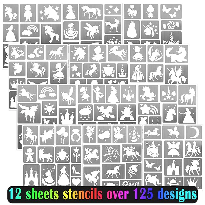 Unicorn Temporary Tattoo Markers for Kids, 8 Metallic Markers and 136+ Temporary Tattoo Stencil Designs for Christmas Favor, Cosmetic Tattoos Pens for Boys and Girls