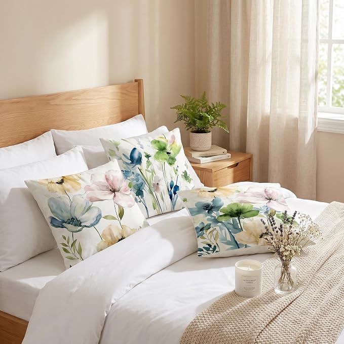 COMMINY Colorful Floral Pillow Covers 18x18 Set 6 Decorative Throw Cover | Farmhouse Flower, Breathable Linen, Standard Throw Pillow Size, Bedroom Accent Couch Sofa, Spring Summer Decor