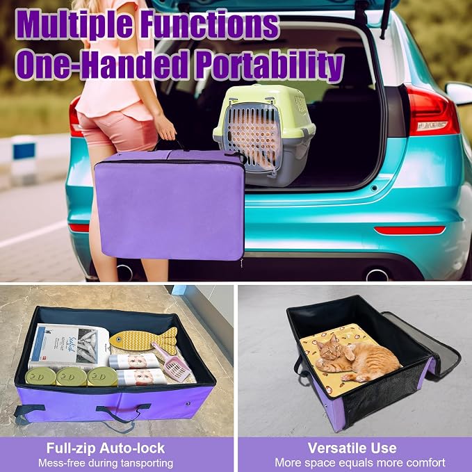 Large Portable Cat Travel Litter Box with Lid,Silicone Folding Bowl & Little Scooper, Leak-Proof and Foldable Travel Cat Litter Box for Hotels, Car and Camping, Odor-Free & Waterproof, 20x14x6.5''