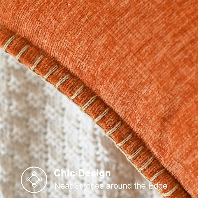 CaliTime Fall Decorative Throw Pillow Covers 24 X 24 Inches Burnt Orange | Pack of 2, Cozy Chenille Cushion Cases, Cotton Thread Stitching Edges, for Couch Sofa Bed Living Room Farmhouse