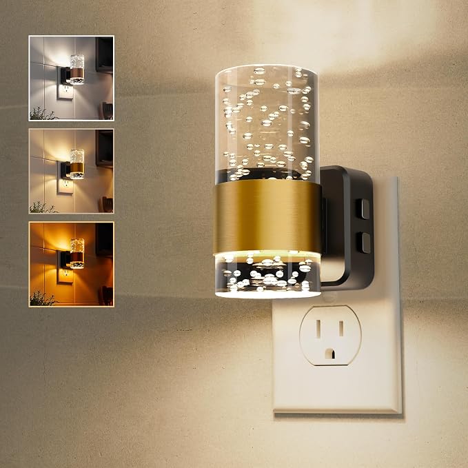 L LOHAS LED Night Lights Plug into Wall, Dusk-to-Dawn Sensor Night Light | Soft White/Cool White/Amber 3 Light Color, Adjustable Brightness, Rotatable plug, Bubble Nightlight for Hallway