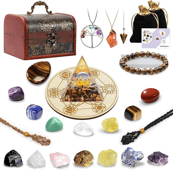 28 Pcs Healing Crystals and Stones,Chakra Crystal Set,7 Raw Chakra Crystals Stones Set Pyramid Natural Reiki Real Crystal Stones with Wooden Box, Gifts for Women, Valentine's Day Gift