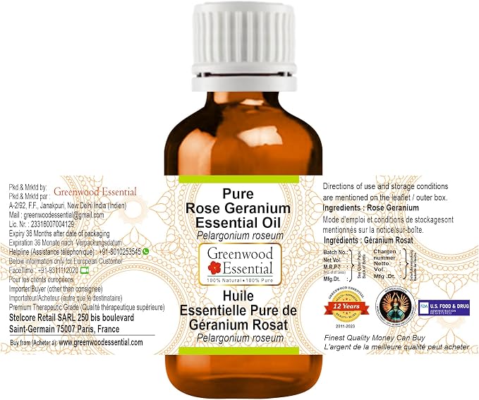 Greenwood Essential Pure Rose Geranium Essential Oil (Pelargonium roseum) Steam Distilled (Pack of Two) 100ml X 2 (6.76 oz)