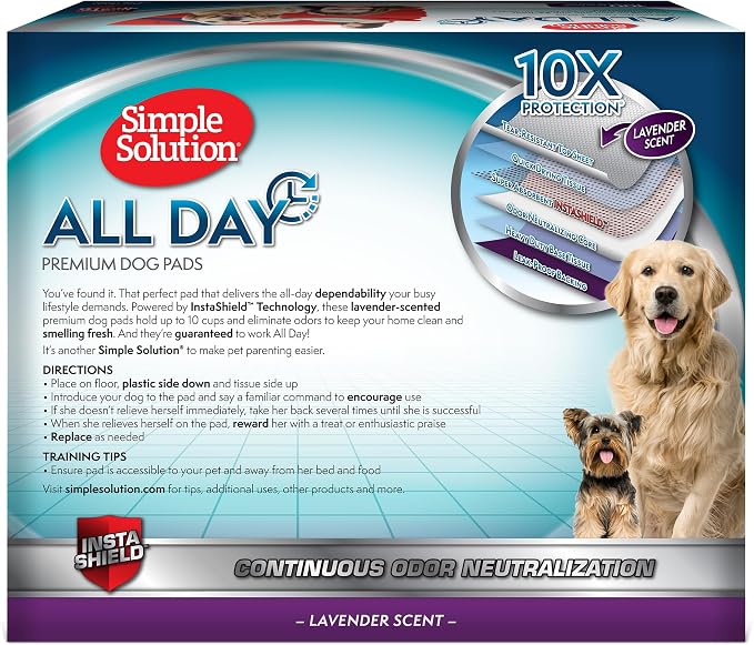 Simple Solution All Day Training Pads, Lavender Scented, 23"x24" 100 Count | Dog Training Pads, Puppy Potty Training, Housebreaking, Disposable Pee Pads, Floor Protection, Indoor Potty, Puppy Essentials