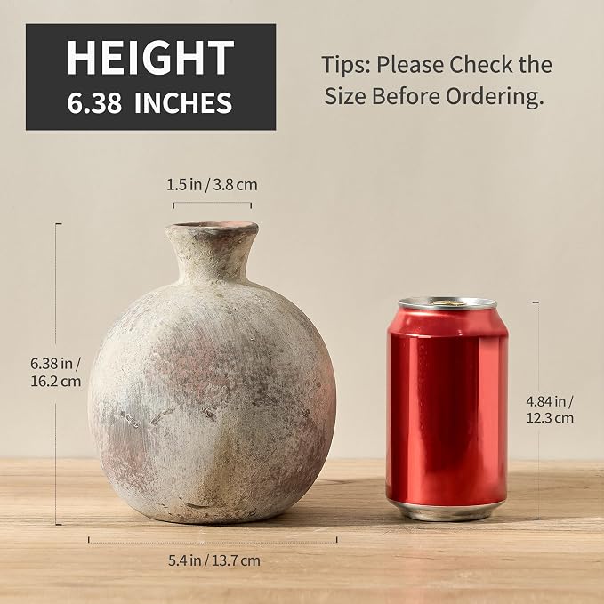 6.38" Ceramic Vase for Home Decor, Decorative Terracotta Farmhouse Rustic Vases for Living Room Kitchen Bedroom Bathroom Entryway Mantel Table, Pottery Vases for Grass Pampas Dried Fresh Flowers
