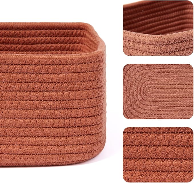 MiniArk Small Storage Baskets for Organizing | Closet Organizer Bins | Shelf Toy Basket | Woven Rope Baskets | Cube Decorative Box | Shallow Basket | 11.5x7.5x4.7” | 4 Packs Oxide Red