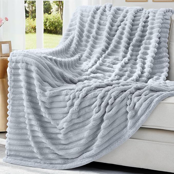 decorUhome Light Grey Fleece Twin Blanket 60x80 Inches | Soft Couch Cozy Fluffy Plush Flannel Striped Blanket for Sofa Bed, Lightweight Decorative Ribbed Fuzzy Blanket for Woman