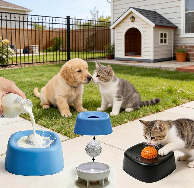 Slow Feeder Licking Bowl for Dogs, Rolling Ball Liquid Treat Dispenser for Broth Yogurt Puree, Non-Slip Food-Grade Bowl, Interactive Enrichment Toy for Puppies Small Medium Large Dogs (Blue-1PCS)