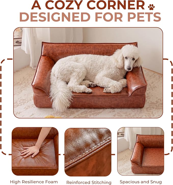 X-Large Leather Dog Sofa Pet Couch for Large Dogs Under 90 lbs, Brown | Mid Century Modern Elevated Luxurious Elevated Dog Chair, Big Dog Chaise Indoor Furniture Style Pet Supplies, Low Maintenance