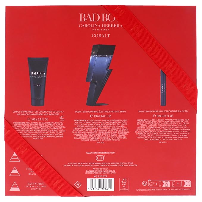 Carolina Herrera Bad Boy Cobalt 3-Piece Gift Set for Men, (Eau De Parfum 3.4 oz + Shower Gel 3.4 oz + Travel Spray 0.34 oz) – Limited Edition