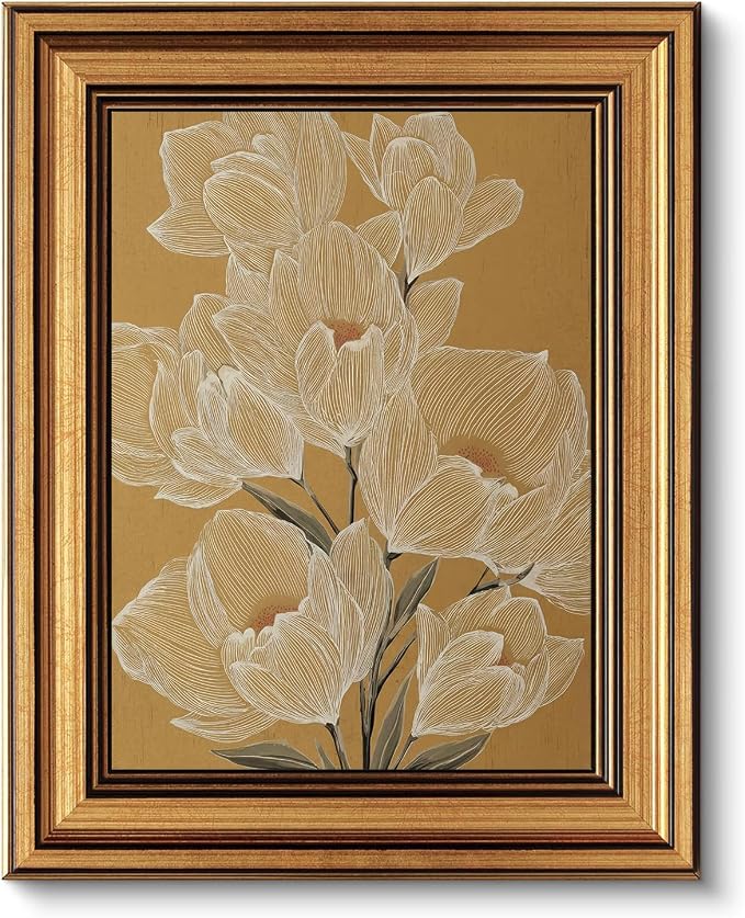 Gold Framed Wall Art, Vintage White Magnolia Flowers Line Canvas Prints, Neutral Japandi Style Floral Picture Wall Decor, Minimalist Botanical Artwork for Living Room Bedroom 12x16 inch