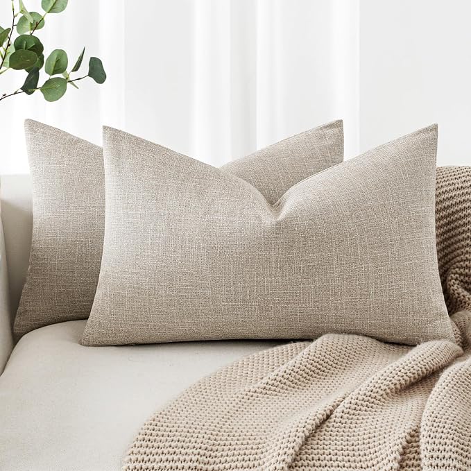 MIULEE Pack of 2 Decorative Linen Burlap Textured Pillow Covers Farmhouse Boho Accent Lumbar Pillowcases Spring Home Decor for Couch Sofa Bedroom Living Room 12x20 Inch Taupe