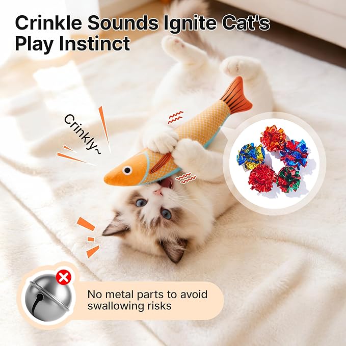 Potaroma Cat Toys Saury Fish, 3 Pack, Catnip Crinkle Sound, Soft and Durable, Interactive Kitten Kicker for Indoor Kitty Exercise 9.4 Inches for All Breeds