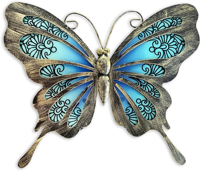 LIFFY Metal Butterfly Outdoor Decor 12"" Hanging Glass Butterflies Wall Decor Garden Art Decorative Ornaments Outside Indoor Home Decor for Living Room Bedroom Patio Fence, Blue
