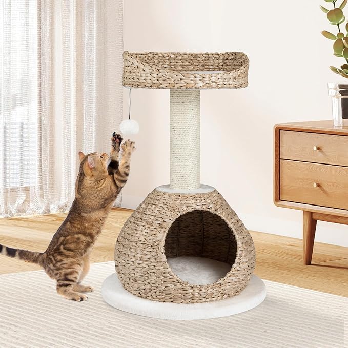 Tangkula Modern Cat Tree, Small Cat Tower with Natural Sisal Scratching Post, Hand-Made Wicker Cat Condo & Top Perch, Funny Hanging Toy Ball, Cute Cat Tree Tower for Indoor Cats