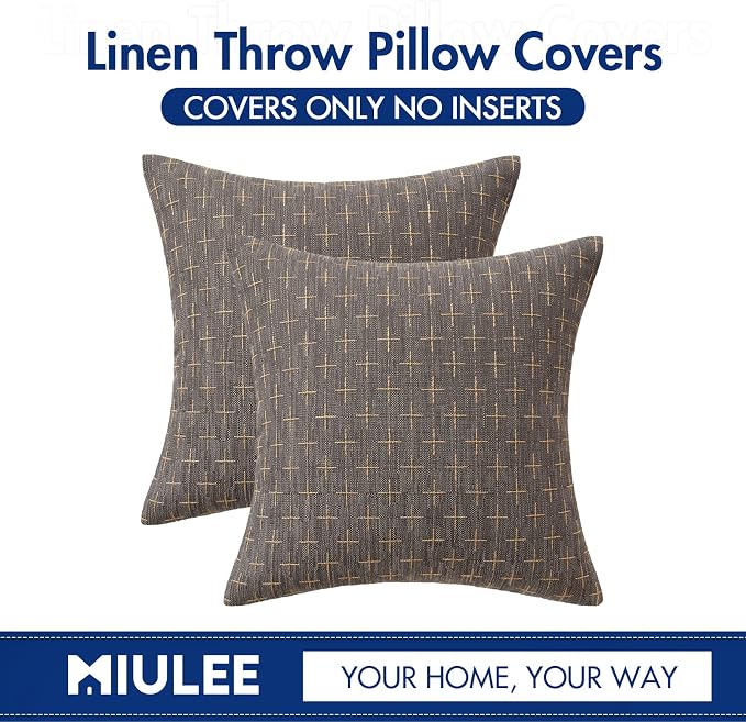 MIULEE Pack of 2 Decorative Burlap Linen Throw Pillow Covers Modern Farmhouse Vintage Pillowcase Rustic Woven Textured Cushion Cover for Sofa Couch Bed 20x20 Inch Dark Grey