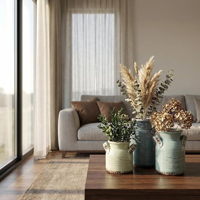 Ceramic Vase Set of 3 with Two Handles, Blue Neutral Rustic Modern Farmhouse Boho Decor, Versatile as Table Centerpiece or Mantel & Shelf Accent - Unique Home Gift Idea
