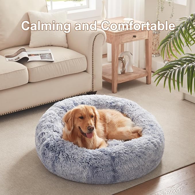 36 inches Faux Fur Fluffy Donut Dog Bed for Large Dogs,Dark Blue | Calming Plush Round Pet Bed with Removable & Washable Cover,Fits up to 80 lbs Pets