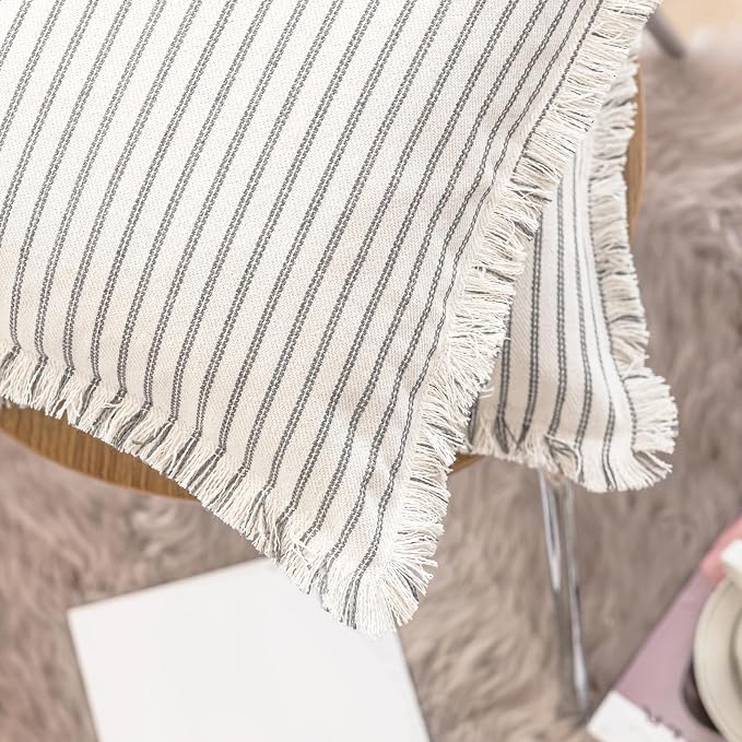 YEENAASY Throw Pillow Covers 18x18 Boho Striped Pillow Cases with Tassel | Set of 2 Fringe Pillow Cover Farmhouse Cushion Covers Neutral Pillows Decorative Square Pillowcase for Couch Sofa Bed, Grey