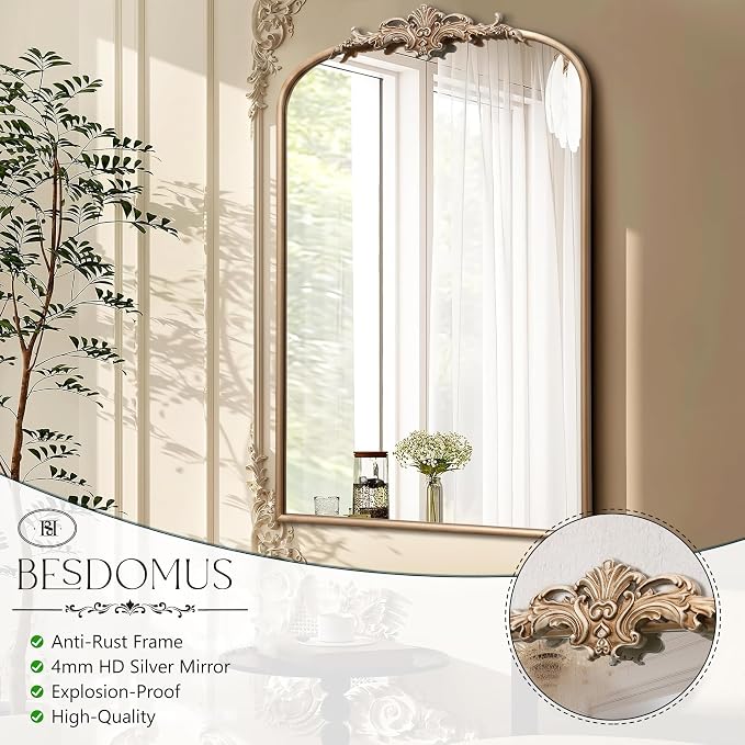 Besdomus Antique Large Wall Mirror: 24"x36" French Arched Vanity Mirrors | Champagne Baroque Vintage Decorative - Traditional Ornate for Entryway/Dresser/Over Sink - Ideal for Bathroom Renovations